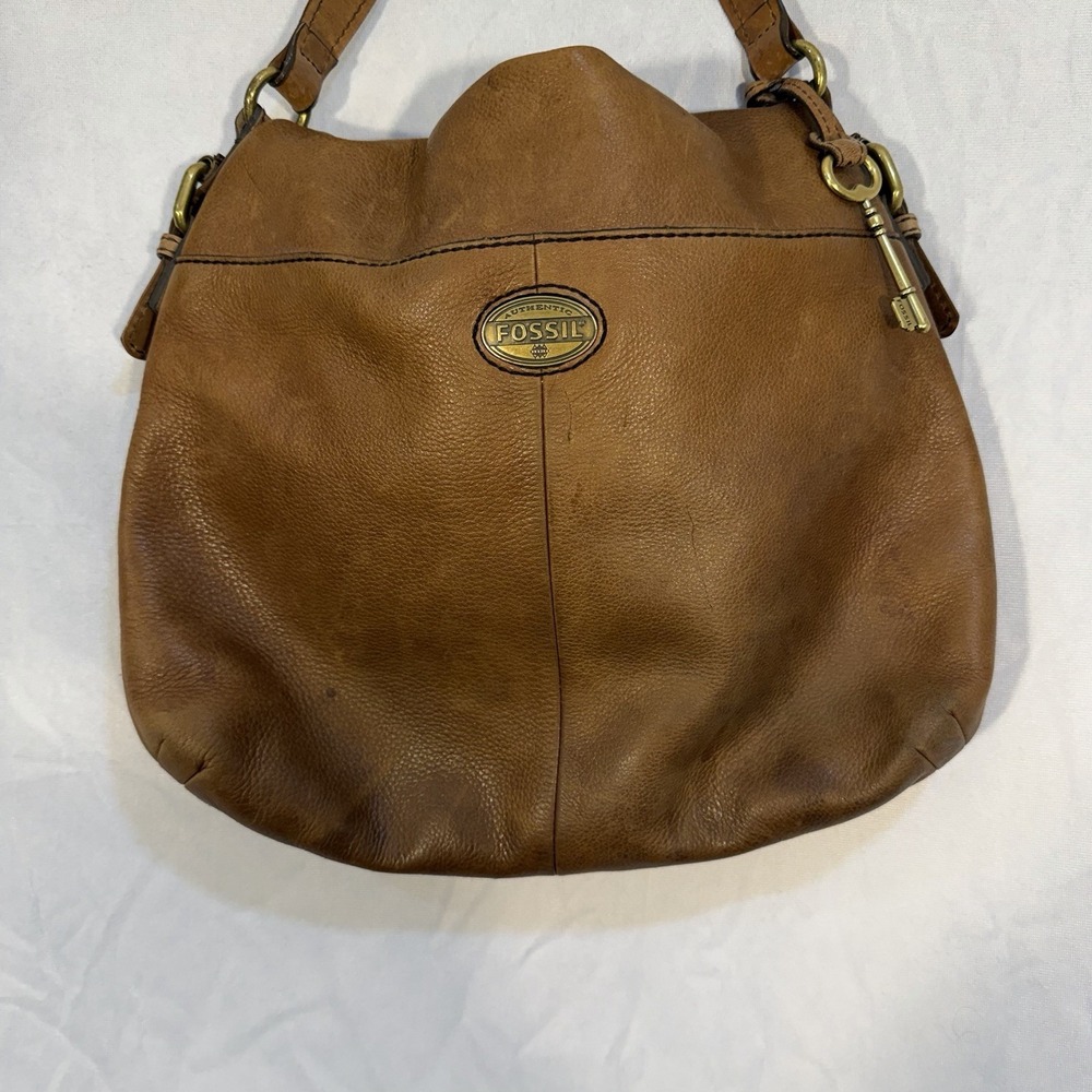 vintage fossil explorer‎ crossbody Bag Leather Tan Zippers Brass Hardware